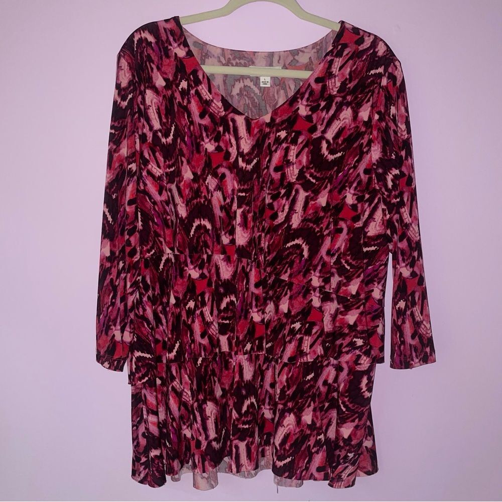 Susan Graver QVC L Blouse Liquid Knit Tiered Scoop Neck 3/4 Sleeve